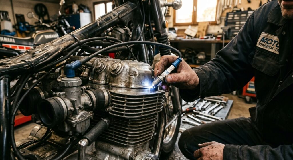Vérification de l'étincelle sur une bougie de moto posée contre la culasse.