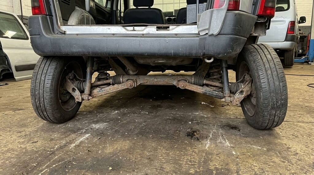 Détail d'un train arrière de Berlingo montrant les roues "en Gordini".