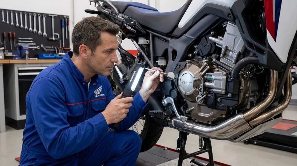 Mécanicien inspectant le carter de la boîte de vitesses à double embrayage DCT sur une moto Honda