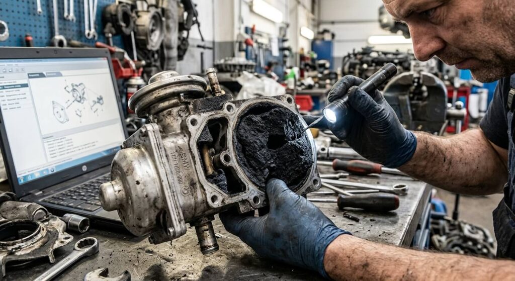 Inspection d'une vanne EGR de moteur diesel BMW totalement obstruée par un bloc de calamine noire