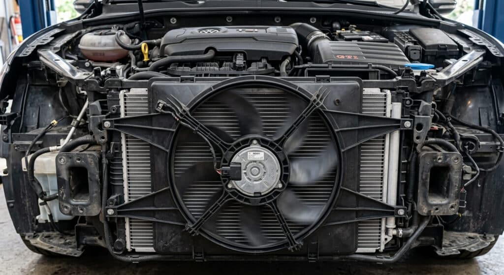 Vue de face d'un motoventilateur de radiateur en fonctionnement sur une voiture moderne.