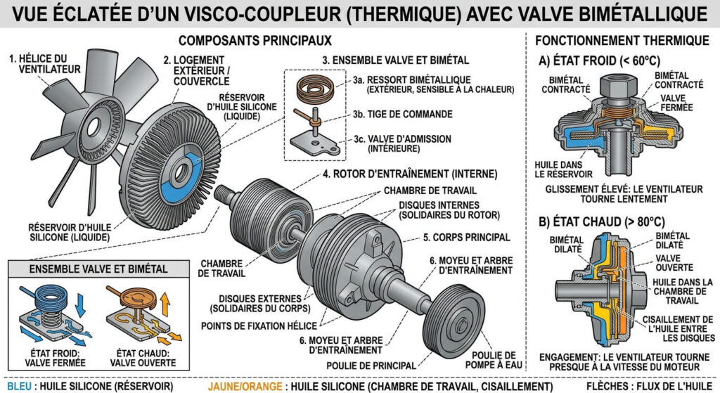 Vue éclatée d'un visco-coupleur montrant le réservoir d'huile silicone et la valve bimétallique.