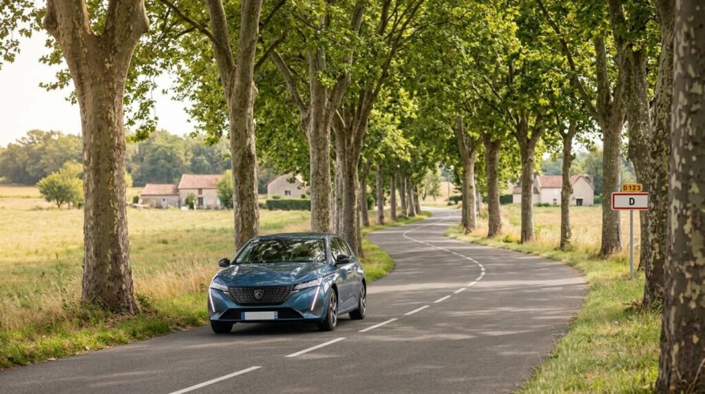Une berline compacte circulant sur une route départementale bordée d'arbres.