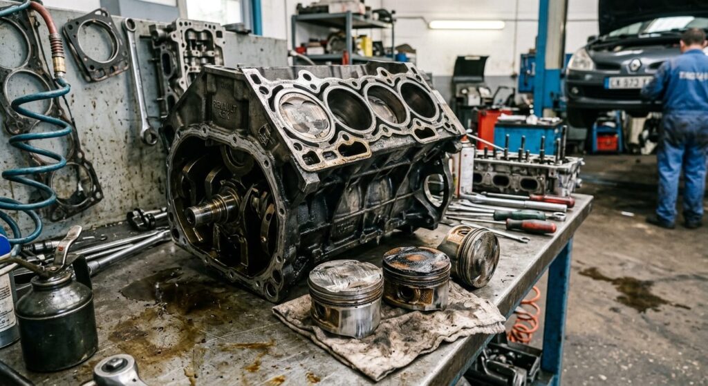 Un bloc moteur démonté en atelier mécanique montrant des dommages sur les pistons.