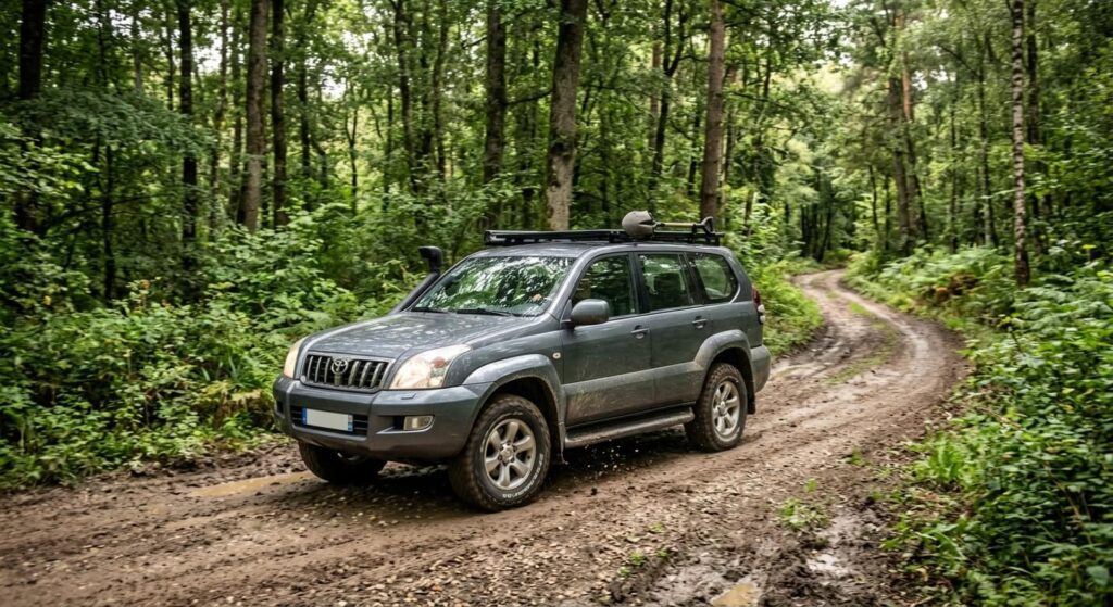 Un Toyota Land Cruiser KDJ 120 de couleur grise circulant sur une piste de terre en forêt.