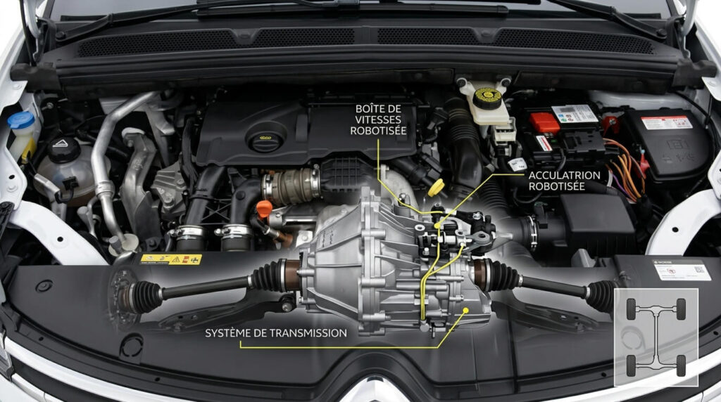 Boîte de vitesse défaillante C4 Picasso BMP6, pannes et solutions 2 Vue d'un compartiment moteur de Citroën C4 Picasso mettant en évidence le système de transmission.