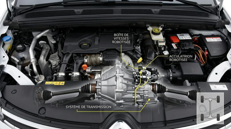 Accueil 7 Vue d'un compartiment moteur de Citroën C4 Picasso mettant en évidence le système de transmission.