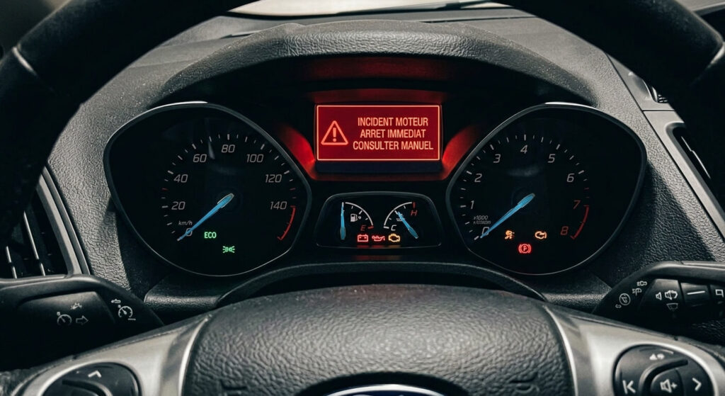 Le combiné d'instruments d'un Ford C-Max affichant l'alerte textuelle d'incident moteur rouge.