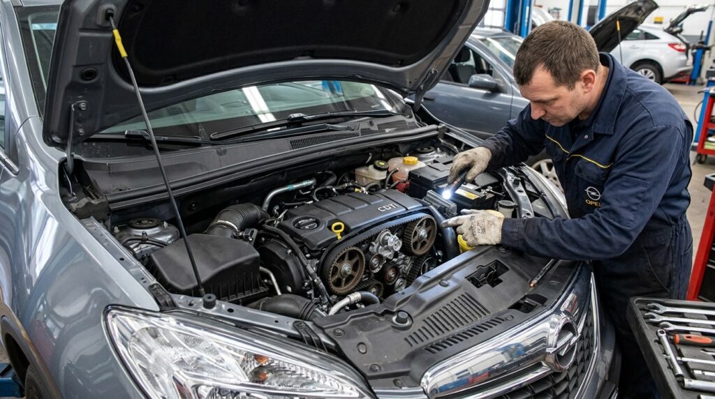 Le compartiment moteur d'un Opel Mokka diesel ouvert pour une inspection de la distribution.