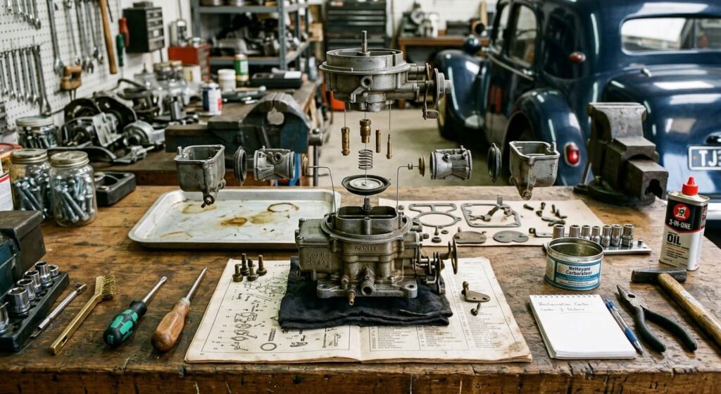 Vue éclatée d'un carburateur de voiture ancienne en cours de réfection sur un établi d'atelier.