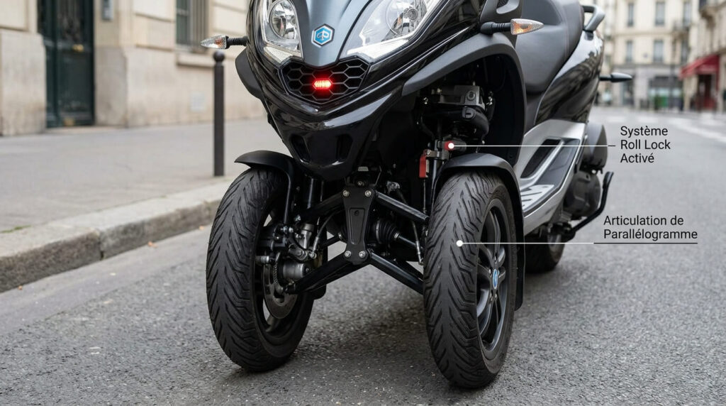 Le train avant articulé d'un Piaggio MP3 avec le système de verrouillage Roll Lock activé.