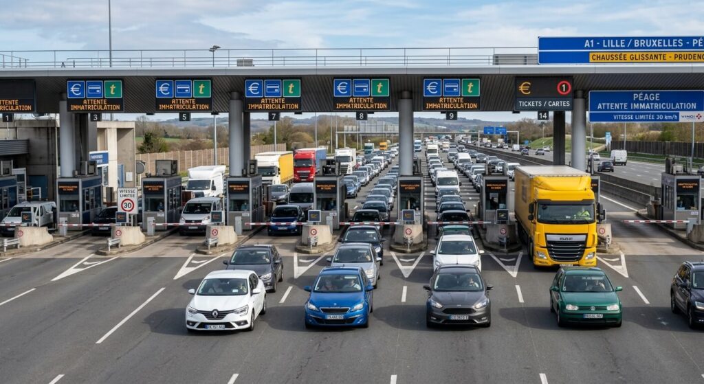 Lignes de barrières de péage d'autoroute avec des véhicules en attente d'immatriculation.