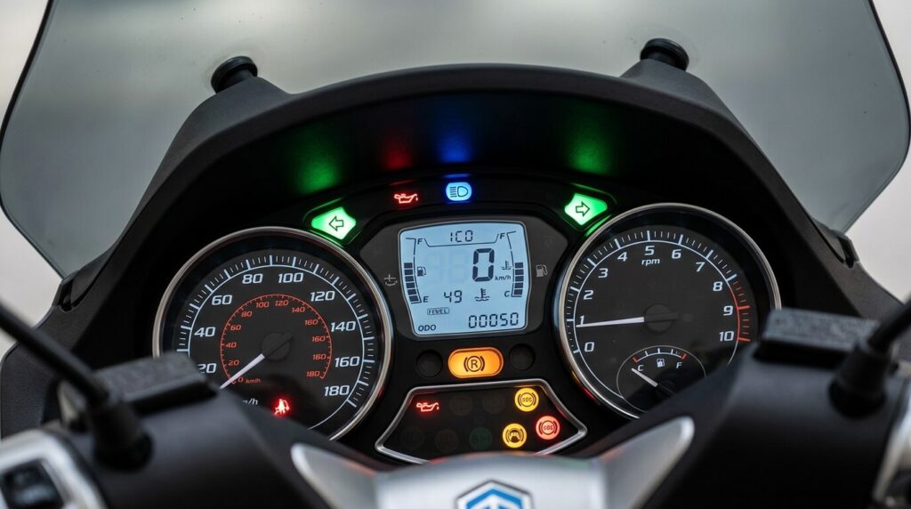 Gros plan sur les cadrans numériques et les témoins lumineux d'un scooter Piaggio MP3 400.