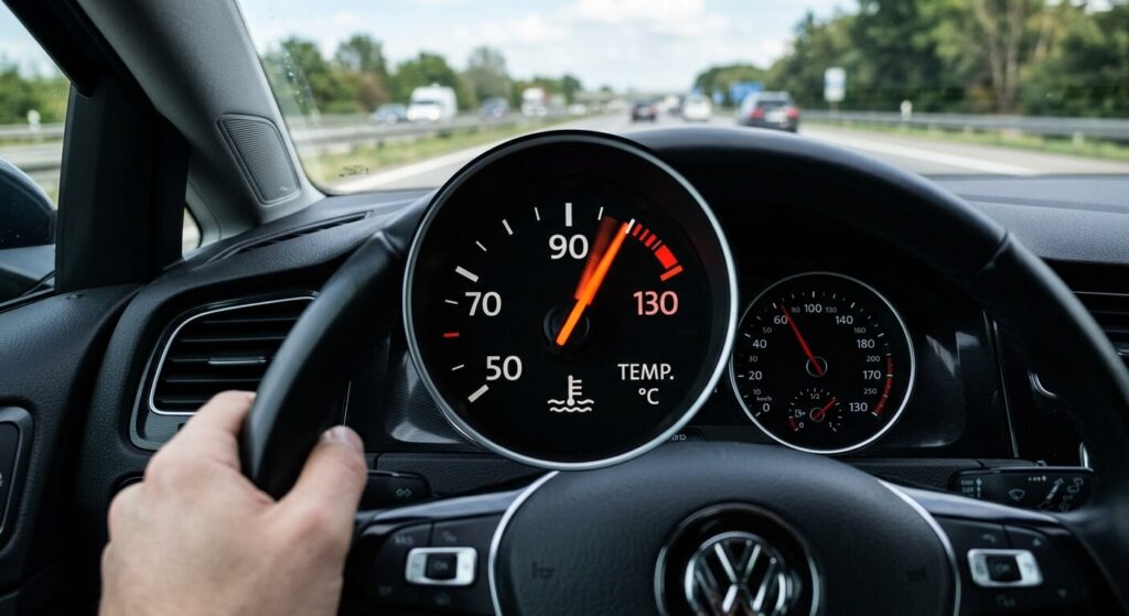 Le cadran de température du liquide de refroidissement sur un tableau de bord automobile avec l'aiguille en mouvement.