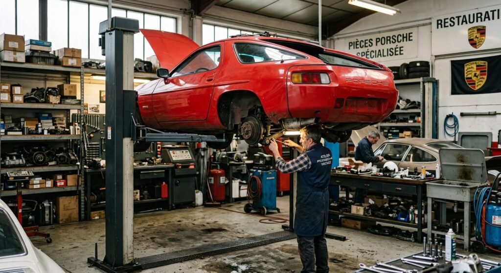 Une Porsche 928 sur un pont élévateur en cours de restauration mécanique dans un atelier spécialisé.