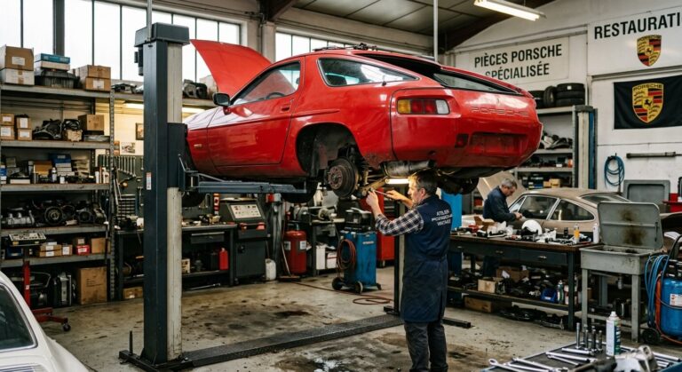 Accueil 6 Une Porsche 928 sur un pont élévateur en cours de restauration mécanique dans un atelier spécialisé.