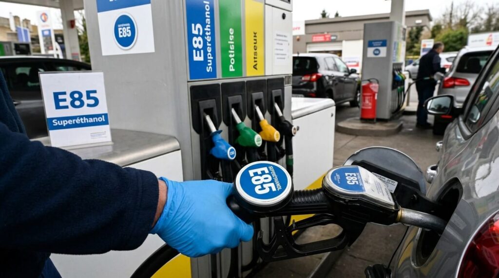 Pistolet de distribution de carburant superéthanol E85 dans une station-service de jardin.