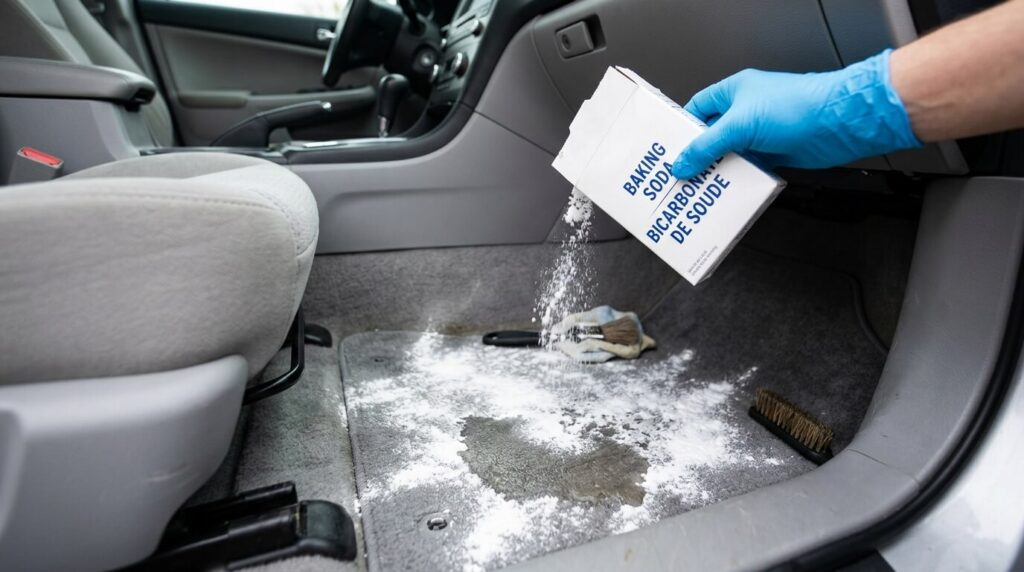 Application de poudre de bicarbonate de soude sur un tapis de voiture pour absorber les fluides.