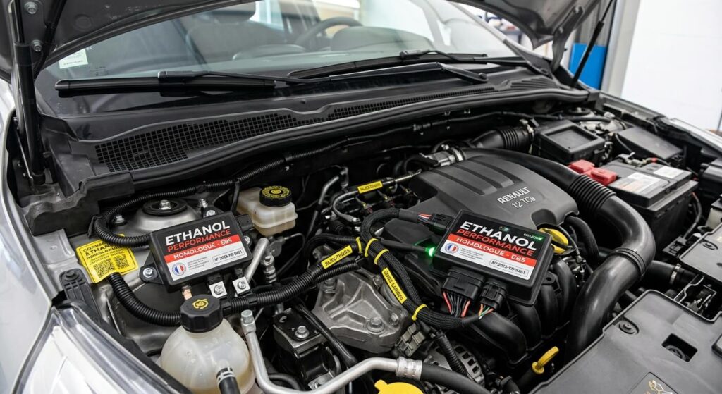 Contrôle technique refusé pour pollution avec l'éthanol E85 : que faire ? 3 Un boîtier de conversion éthanol homologué installé sous le capot d'un véhicule.