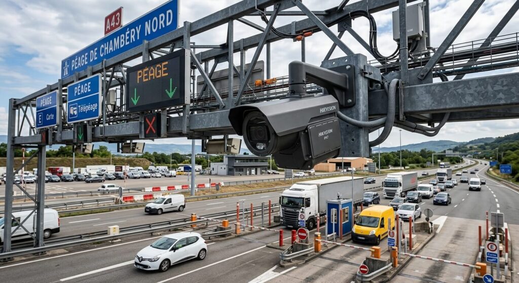 Caméra de vidéosurveillance d'usine fixée sur le portique d'une gare de péage routière.