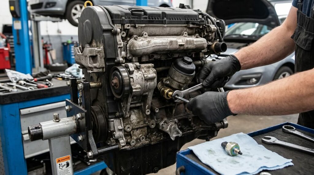 Code défaut P15A1 Peugeot : signification exacte, causes et marche à suivre 3 Remplacement d'une sonde de pression d'huile sur un bloc moteur BlueHDi en atelier.