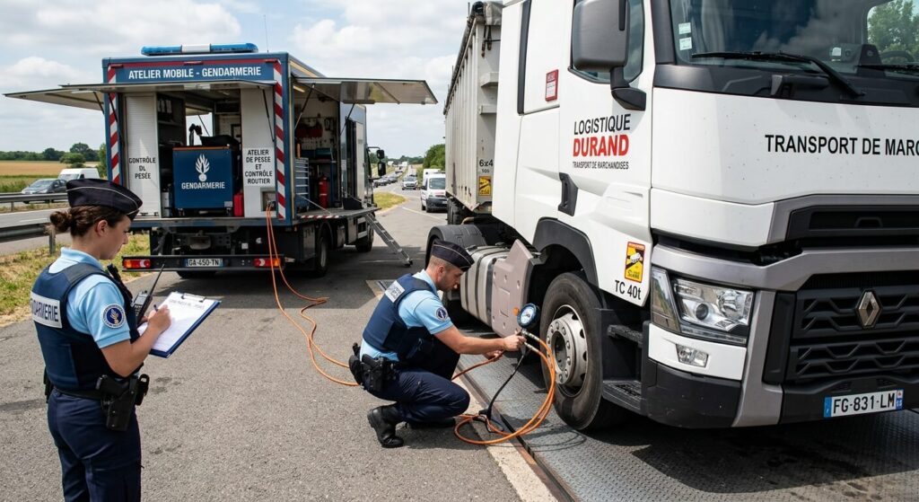 Interdiction aux plus de 3t5 : quelle est l'amende et qui est réellement concerné par ce panneau ? 3 Forces de l'ordre contrôlant le fluide de pesée d'un camion de transport de marchandises en atelier mobile.
