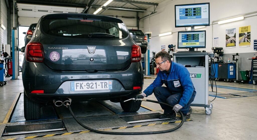 Une voiture essence en cours de contrôle antipollution avec une sonde insérée dans le pot d'échappement.