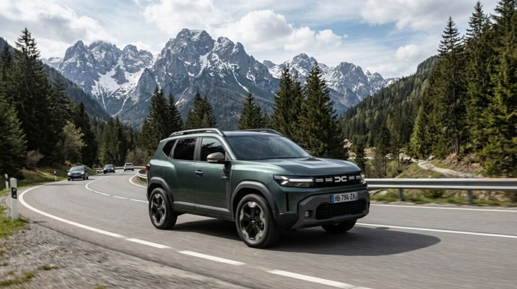 Le grand SUV familial Dacia Bigster circulant sur une route goudronnée en montagne.