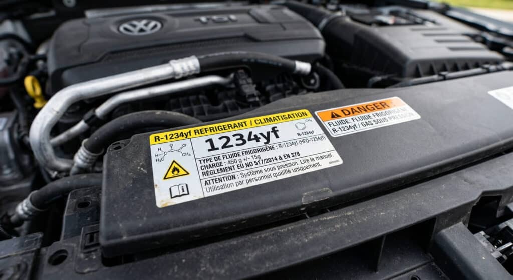 Recharge de clim auto : les étapes clés pour un résultat parfait 3 Focus sur les étiquettes de fluide frigorigène réglementaire sous le capot d'un véhicule moderne.