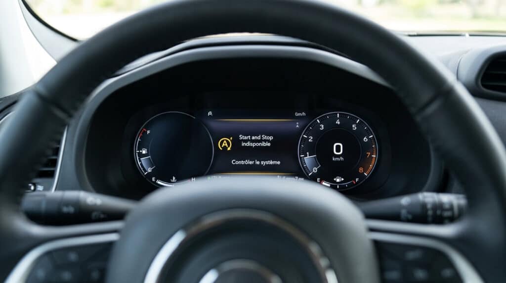 Le cadran numérique d'une Jeep Renegade affichant un message d'indisponibilité du Start and Stop.
