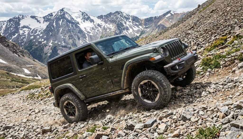 Une Jeep Wrangler franchissant une piste caillouteuse en haute montagne.