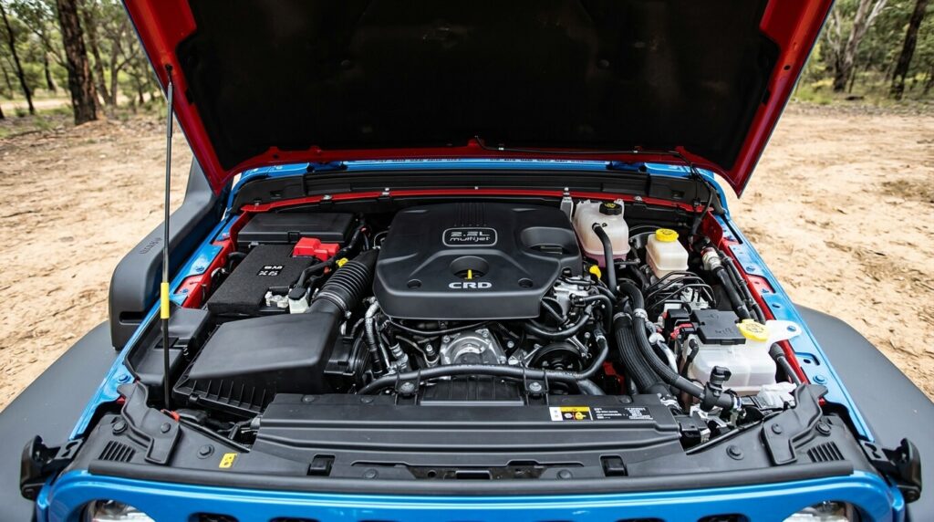Le bloc moteur diesel 2.2 litres sous le capot d'une Jeep Wrangler JL moderne.