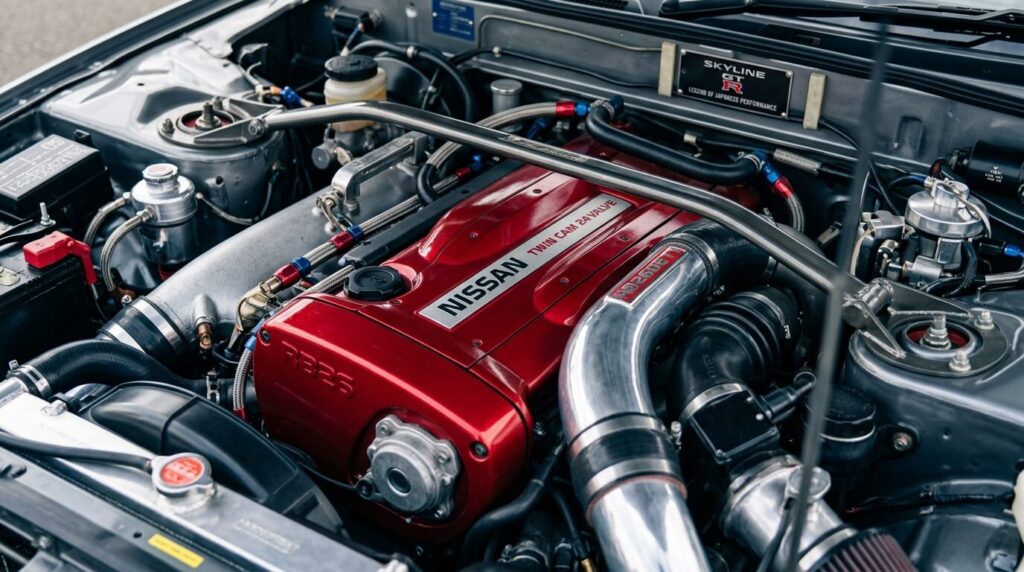 Gros plan sur le bloc moteur Nissan RB26DETT équipant une Skyline GTR de collection, symbole de la performance japonaise.