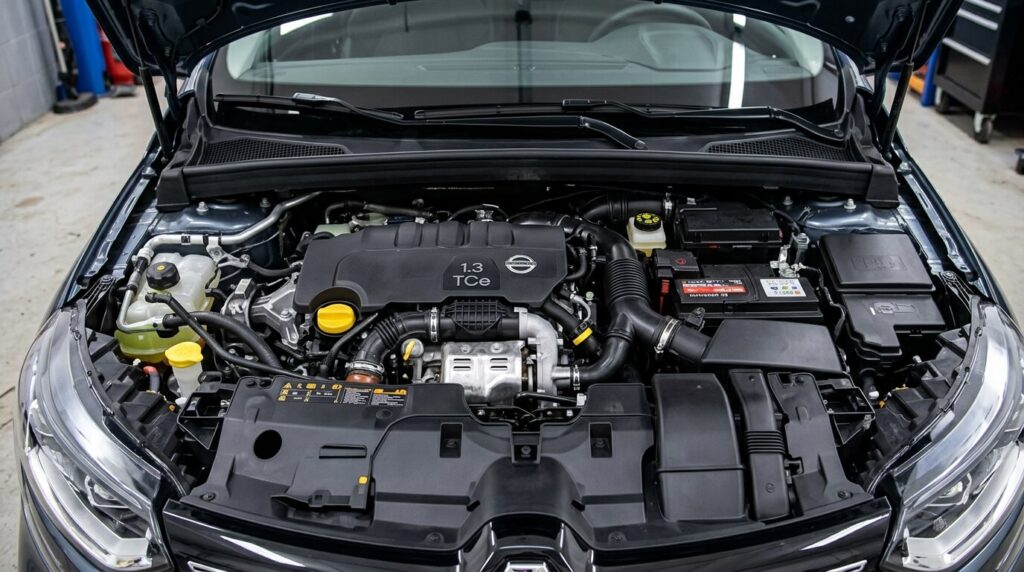 Vue d'ensemble sous le capot d'un moteur essence 1.3 TCe d'origine Renault-Nissan.