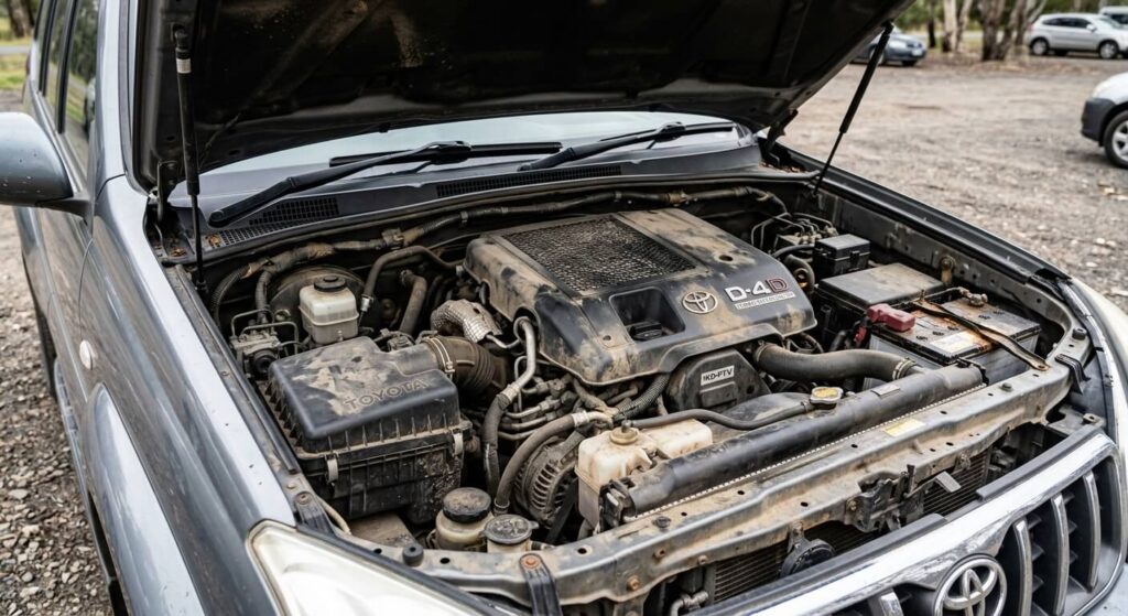 Le bloc moteur diesel 3.0 D-4D sous le capot d'un Land Cruiser d'occasion.