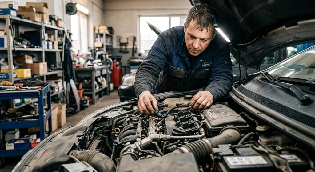 Un mécanicien contrôlant les connecteurs du système d'injection d'un moteur TDCi d'origine Ford.