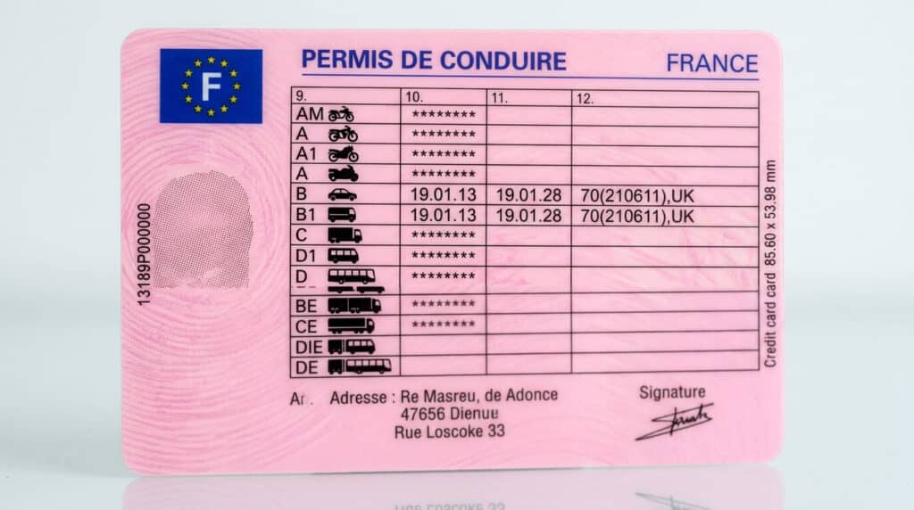 Le dos d'un permis de conduire français au format carte bancaire montrant les différentes catégories.