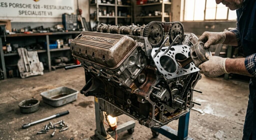 Zoom sur les pièces du bloc moteur V8 d'une Porsche 928 lors d'une phase de remontage.