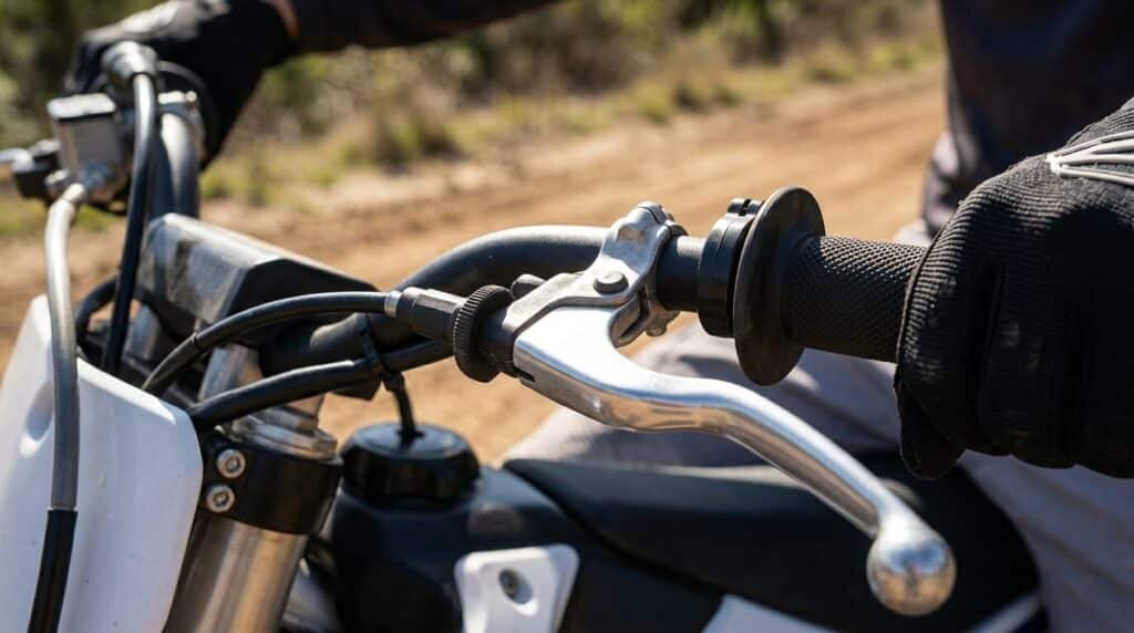 Quelle est la vitesse max de la Yamaha 125 TTR d'origine ? 3 Gros plan sur la poignée des gaz et le guidon d'une moto tout-terrain de loisirs.