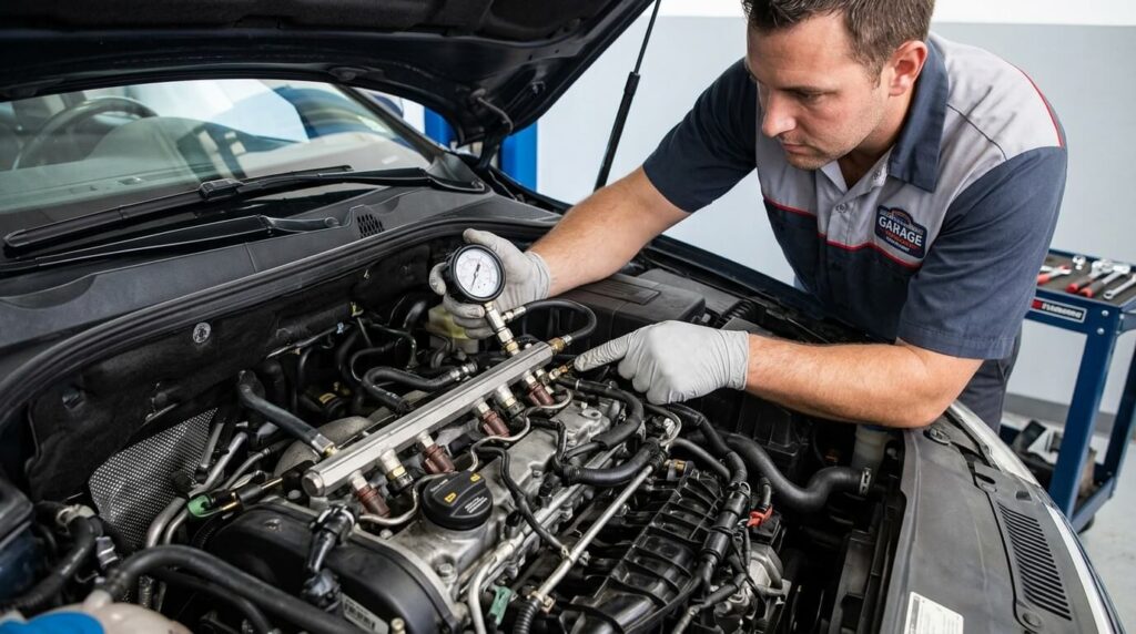 Un mécanicien contrôlant le circuit de gazole ou d'essence sur une rampe d'injection.