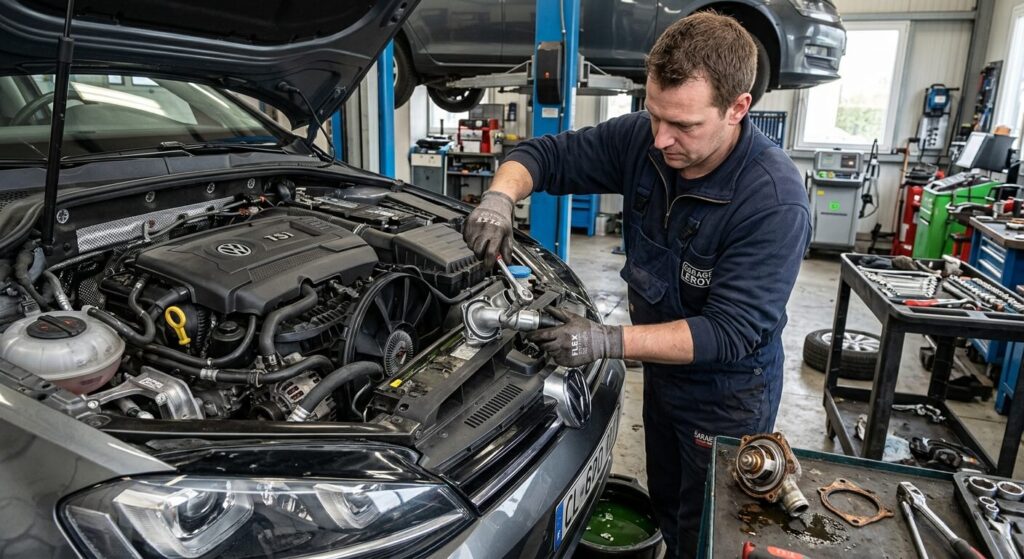 Changement d'un thermostat défectueux sur le circuit de refroidissement en atelier.
