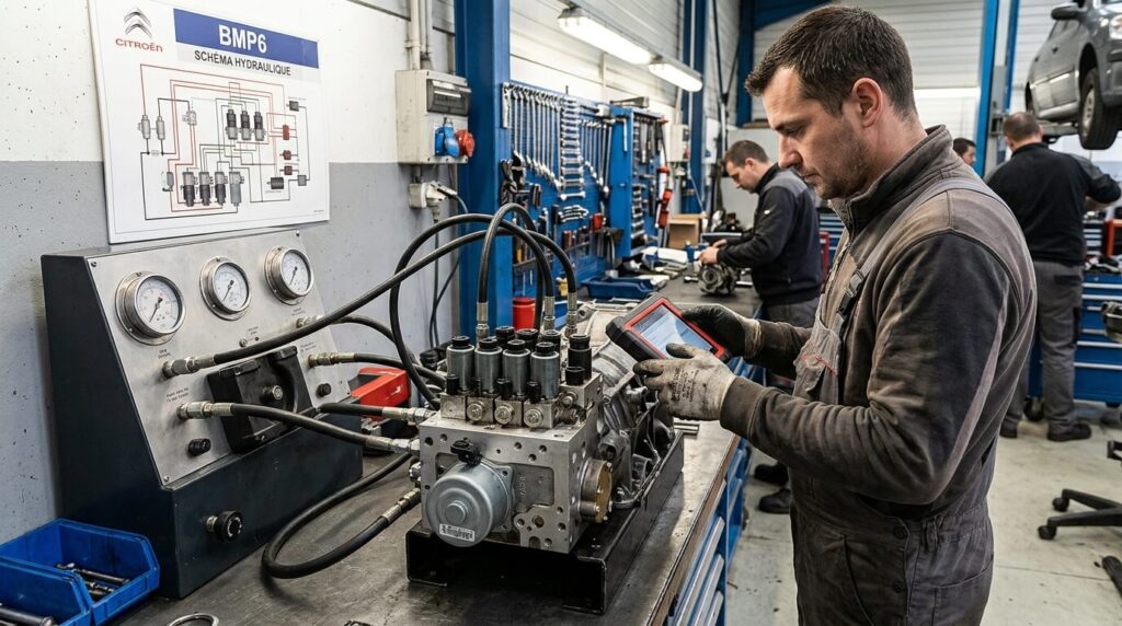 Boîte de vitesse défaillante C4 Picasso BMP6, pannes et solutions 3 Un mécanicien d'atelier testant les composants hydrauliques d'une boîte pilotée BMP6.