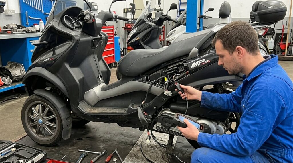 Un mécanicien connectant la valise d'atelier sur le faisceau électrique d'un Piaggio MP3 d'occasion.