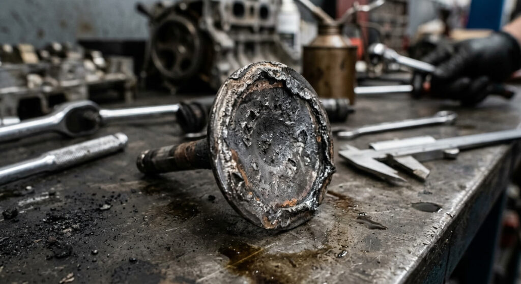 Casse moteur avec l'éthanol E85 : dans quels cas ça arrive ? 3 Gros plan sur une soupape d'échappement endommagée par une température de combustion excessive.