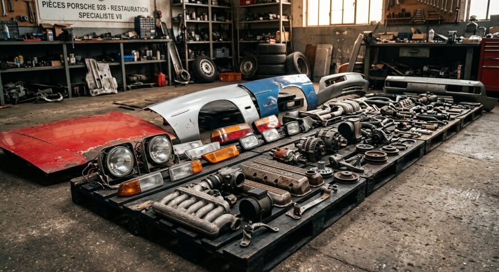 Alignement de pièces de carrosserie, d'optiques et de composants moteurs d'occasion pour Porsche 928.