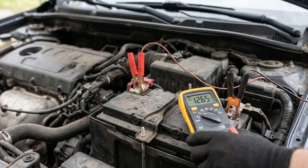 Un petit appareil de mesure branché sur les cosses d'une batterie auto sous le capot.