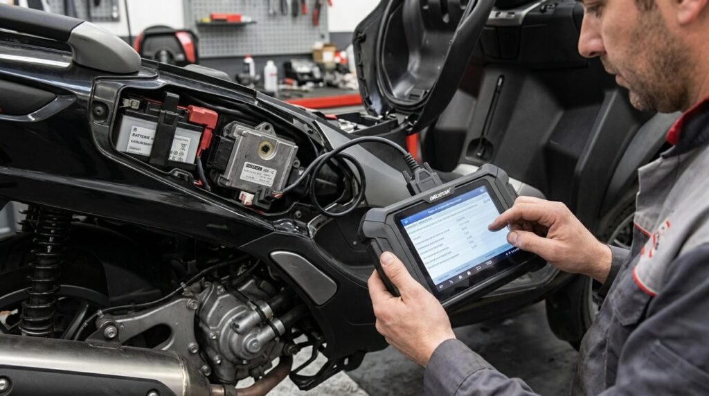 Connexion d'un outil de diagnostic électronique d'atelier sur le calculateur d'un scooter MP3.