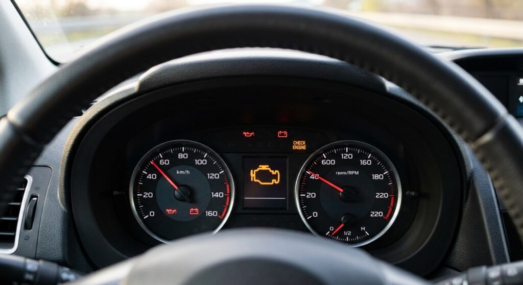 Gros plan sur les compteurs d'un véhicule affichant un voyant orange d'alerte mécanique.
