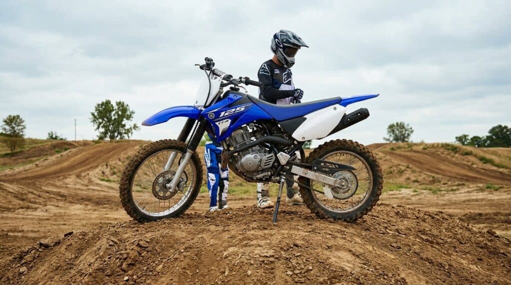 Quelle est la vitesse max de la Yamaha 125 TTR d'origine ? 1 Une petite moto tout-terrain Yamaha 125 TT-R de couleur bleue arrêtée sur une butte de terre.