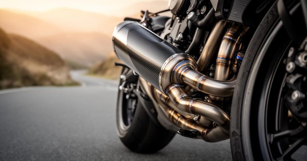 Comment améliorer la sonorité plus sportive de votre moto avec les échappements adaptés 2 Un silencieux d'échappement sport en carbone installé sur une moto de grosse cylindrée.